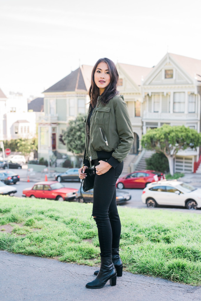 Amy Zhang wearing Missguided Bomber Jacket and black pants
