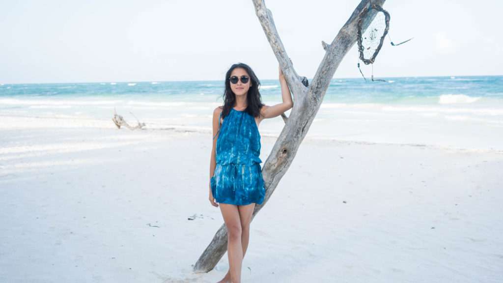 Amy Zhang The Luxi Look blogger wearing Blue Life Island Halter Dress for her Tulum Travel Diary