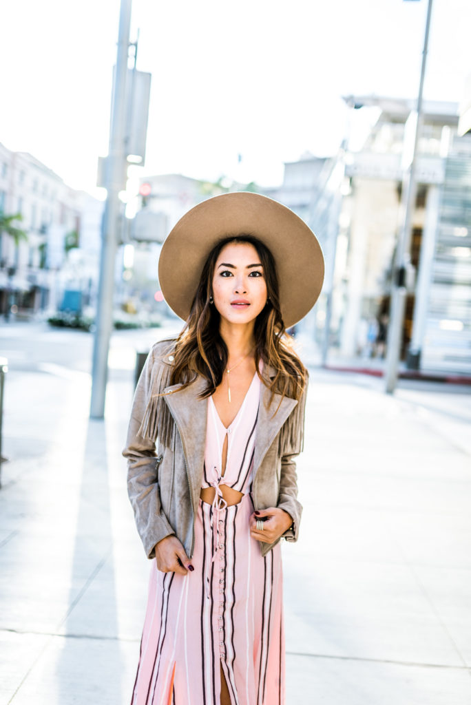 Amy Zhang wearing hat, dress, and jacket for Do What Makes You Happy | The Luxi Look